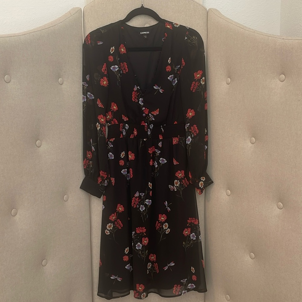 Express Black & Orange Floral Long Sleeve V Neck Elastic Waist Midi Sundress XS